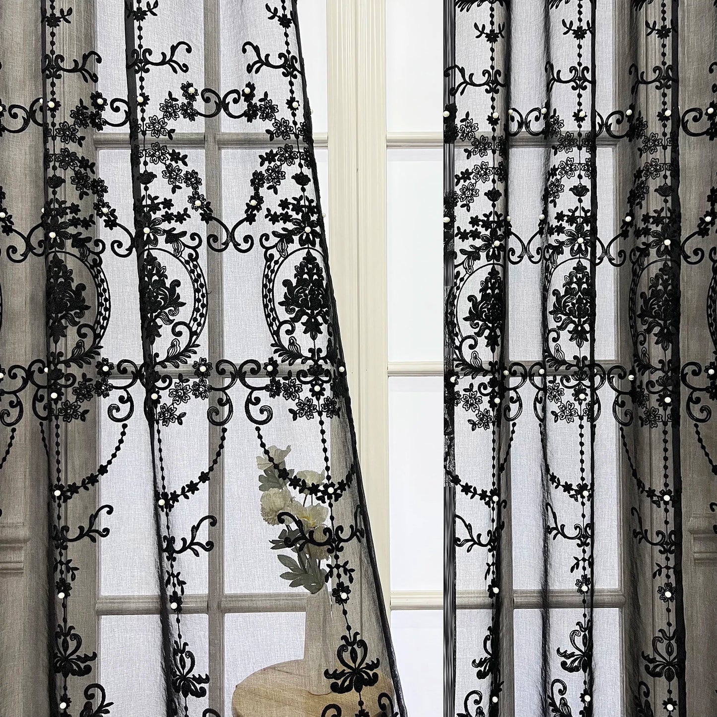 Luxury Lace Pearl Embroidery Black Sheer Curtain