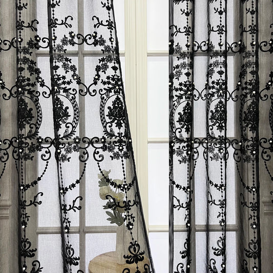 Luxury Lace Pearl Embroidery Black Sheer Curtain