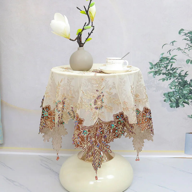 Mesh brown bead flower Embroidery table cloth