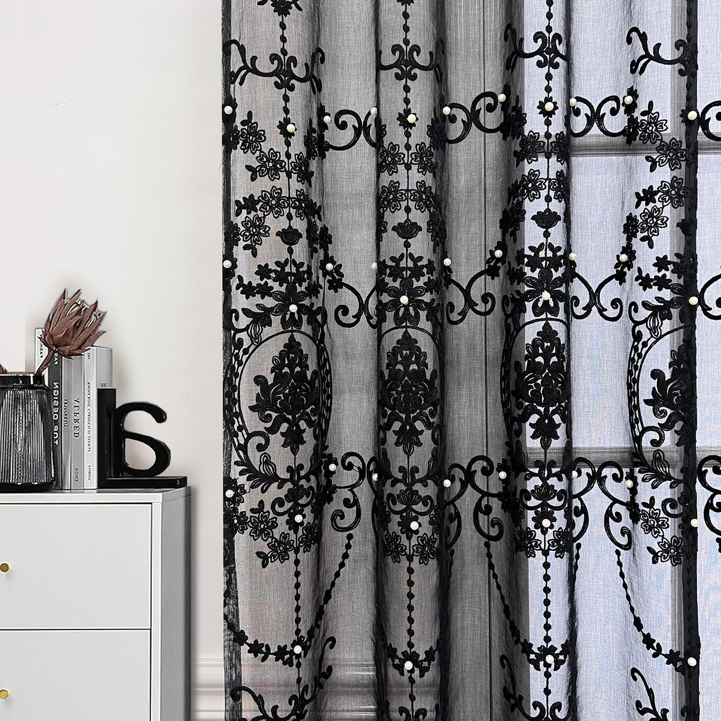 Luxury Lace Pearl Embroidery Black Sheer Curtain