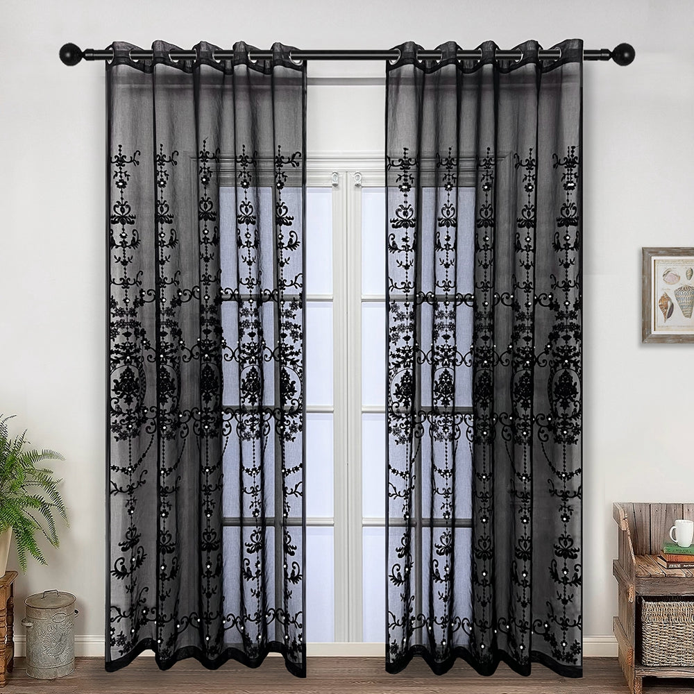 Luxury Lace Pearl Embroidery Black Sheer Curtain