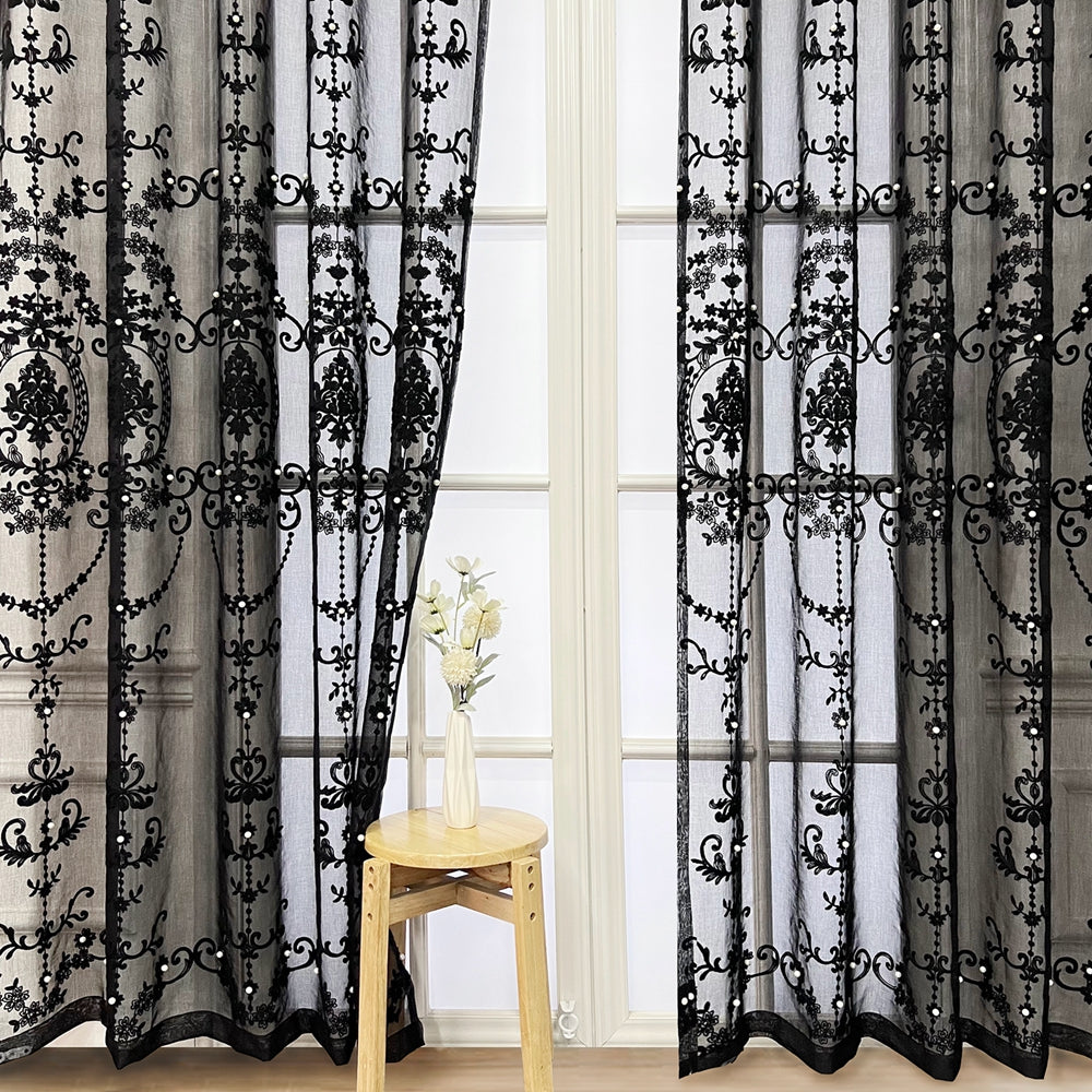 Luxury Lace Pearl Embroidery Black Sheer Curtain