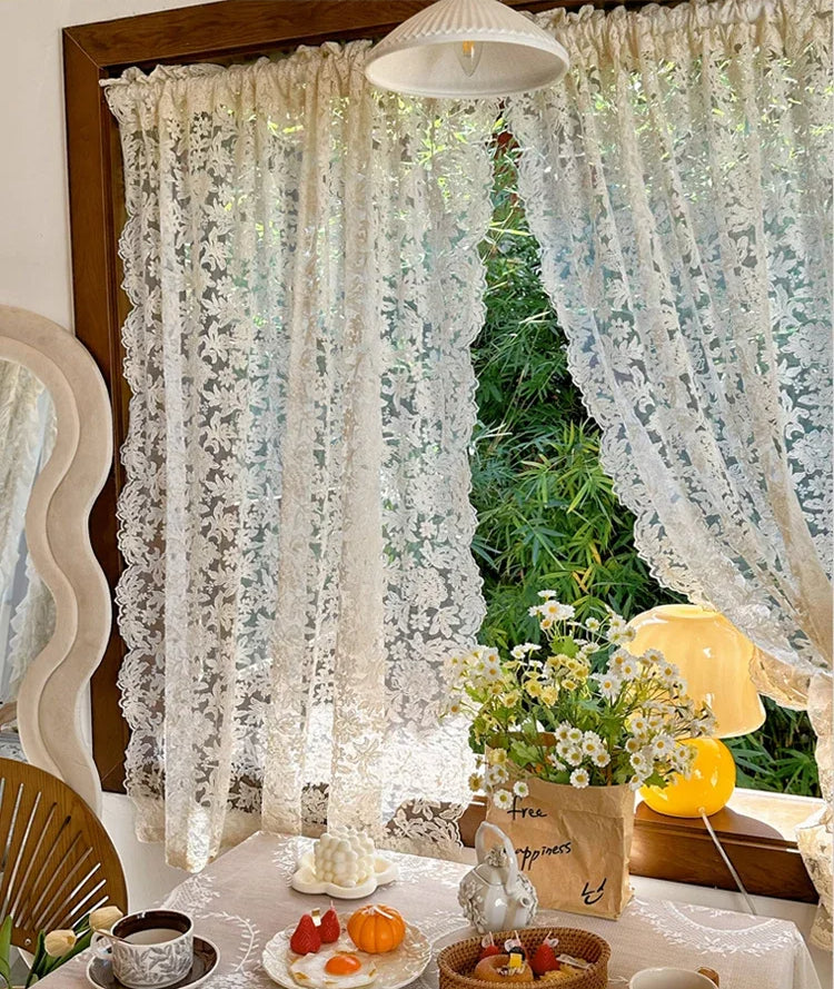 French High-end Vintage Beige Embroidered Gauze Curtains with Wavy Edge Palace Style European Style Lace Partition Curtain