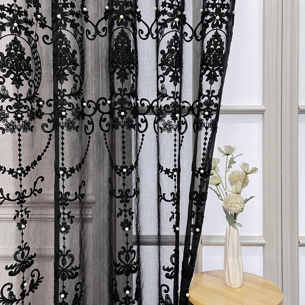 Luxury Lace Pearl Embroidery Black Sheer Curtain