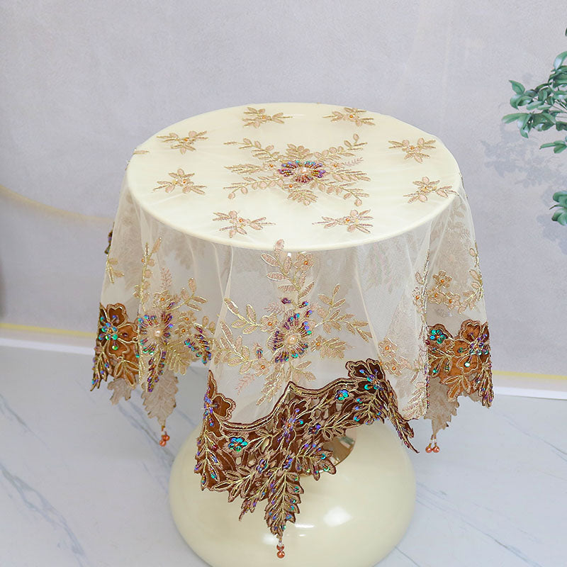 Mesh brown bead flower Embroidery table cloth