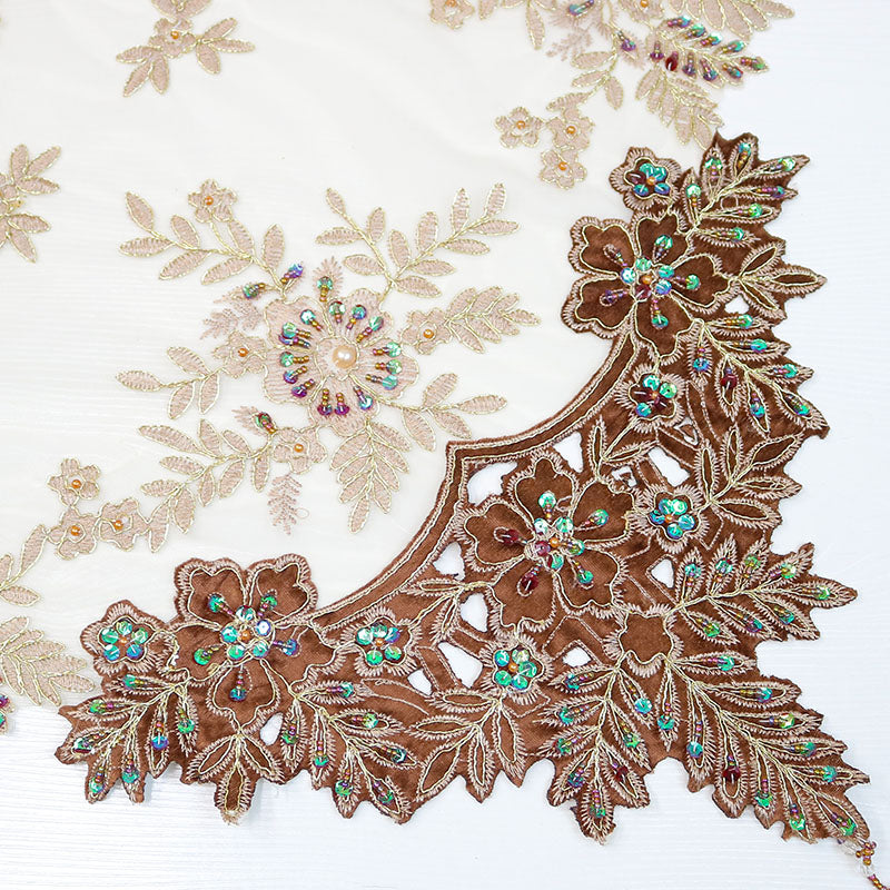 Mesh brown bead flower Embroidery table cloth